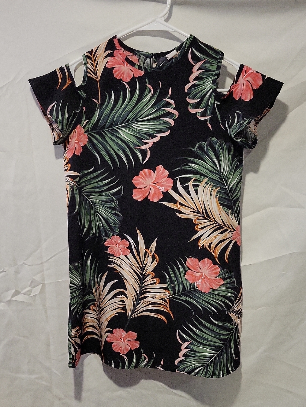 Girls' Black Tropical Cold-Shoulder Dress with Pink Floral Print